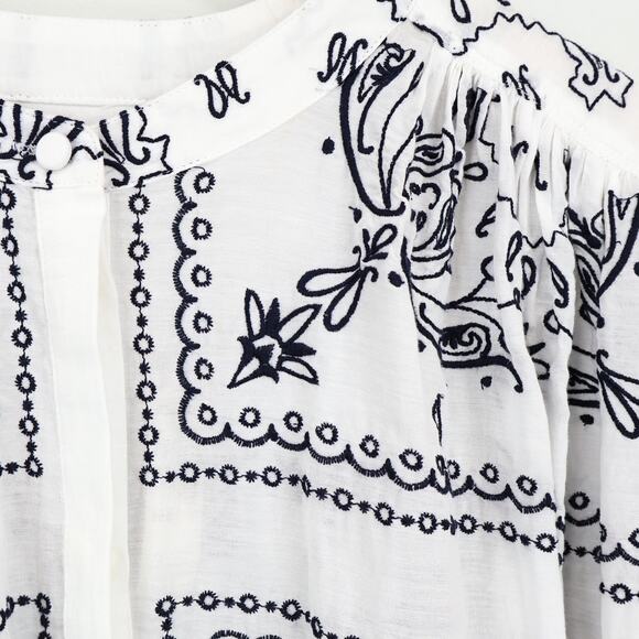 NWT Madewell Embroidered Poplin Shirred Button-Up Shirt White Dark Navy Medium - Picture 7 of 10